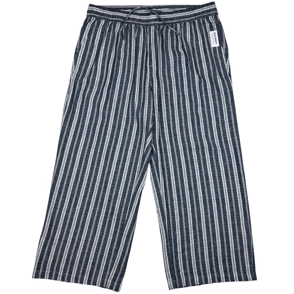 NWT Old Navy Linen Blend Wide Leg High Rise Pants Plus Size 2X Blue Stripe Beach